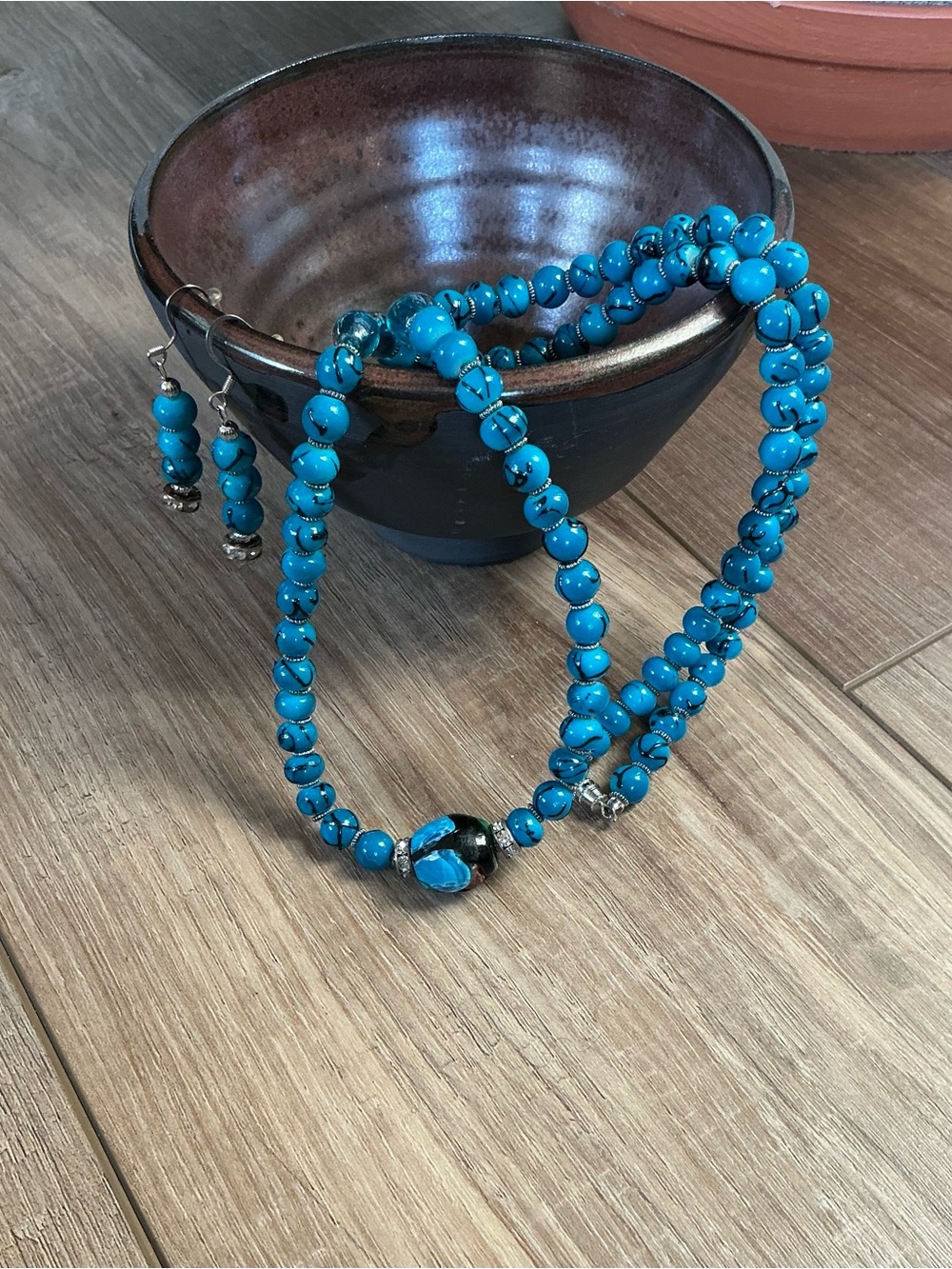 Beautifully Elegant Turquoise Blue Beaded Necklace With Matching Drop Earrings